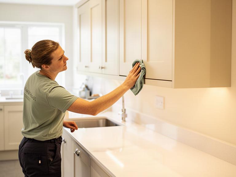 Cleaner wiping cupboard fronts and a worktop in a bright Letterkenny kitchen during a detailed one-off clean