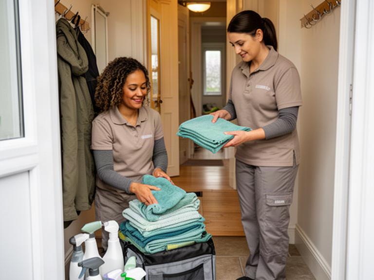 Two local cleaners preparing cloths and supplies beside a tidy home entrance in Donegal